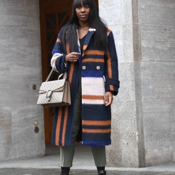 ASOS Fuzzy Mohair Poly Blend Long Coat Colorblock Snap Front Cozy Lined size 12 - Picture 1 of 16